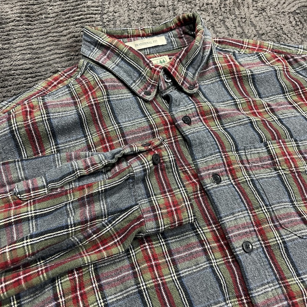 LL Bean Men's Large Traditional Fit Flannel Shirt Gray Red Plaid Long Sleeve